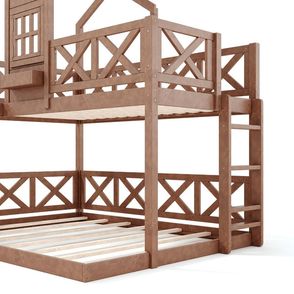 English Elm Twin Over Full Playhouse Bunk Bed Pine Wood Frame with Slide and Cottage Guardrail Natural W5316S00077