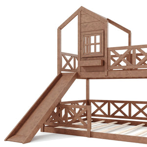 English Elm Twin Over Full Playhouse Bunk Bed Pine Wood Frame with Slide and Cottage Guardrail Natural W5316S00077