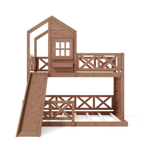 English Elm Twin Over Full Playhouse Bunk Bed Pine Wood Frame with Slide and Cottage Guardrail Natural W5316S00077