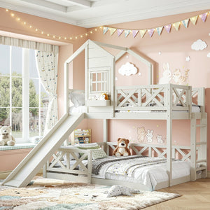 English Elm Twin Over Full Playhouse Bunk Bed Pine Wood Frame with Slide and Cottage Guardrail Beige W5316S00078