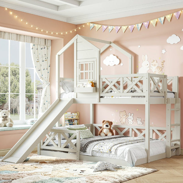 English Elm Twin Over Full Playhouse Bunk Bed Pine Wood Frame with Slide and Cottage Guardrail Beige W5316S00078