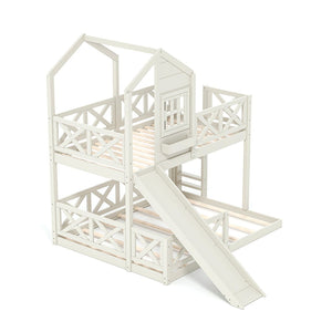 English Elm Twin Over Full Playhouse Bunk Bed Pine Wood Frame with Slide and Cottage Guardrail Beige W5316S00078