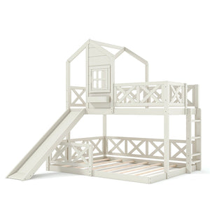 English Elm Twin Over Full Playhouse Bunk Bed Pine Wood Frame with Slide and Cottage Guardrail Beige W5316S00078