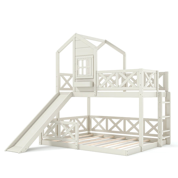 English Elm Twin Over Full Playhouse Bunk Bed Pine Wood Frame with Slide and Cottage Guardrail Beige W5316S00078