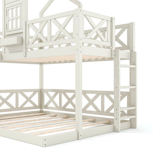 English Elm Twin Over Full Playhouse Bunk Bed Pine Wood Frame with Slide and Cottage Guardrail Beige W5316S00078