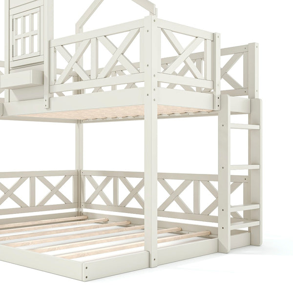 English Elm Twin Over Full Playhouse Bunk Bed Pine Wood Frame with Slide and Cottage Guardrail Beige W5316S00078