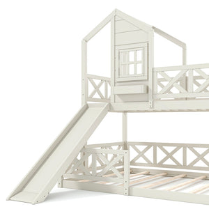 English Elm Twin Over Full Playhouse Bunk Bed Pine Wood Frame with Slide and Cottage Guardrail Beige W5316S00078
