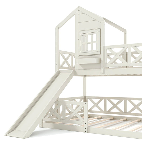 English Elm Twin Over Full Playhouse Bunk Bed Pine Wood Frame with Slide and Cottage Guardrail Beige W5316S00078