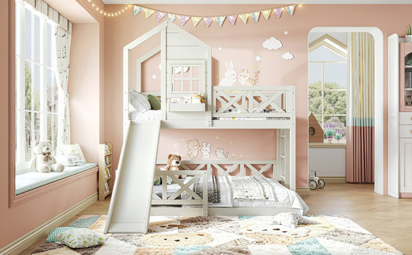 English Elm Twin Over Full Playhouse Bunk Bed Pine Wood Frame with Slide and Cottage Guardrail Beige W5316S00078