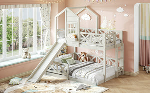 English Elm Twin Over Full Playhouse Bunk Bed Pine Wood Frame with Slide and Cottage Guardrail Beige W5316S00078