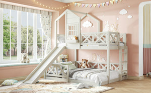 English Elm Twin Over Full Playhouse Bunk Bed Pine Wood Frame with Slide and Cottage Guardrail Beige W5316S00078