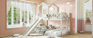 English Elm Twin Over Full Playhouse Bunk Bed Pine Wood Frame with Slide and Cottage Guardrail Beige W5316S00078