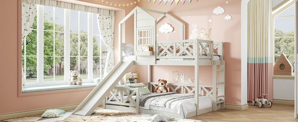 English Elm Twin Over Full Playhouse Bunk Bed Pine Wood Frame with Slide and Cottage Guardrail Beige W5316S00078