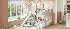 English Elm Twin Over Full Playhouse Bunk Bed Pine Wood Frame with Slide and Cottage Guardrail Beige W5316S00078