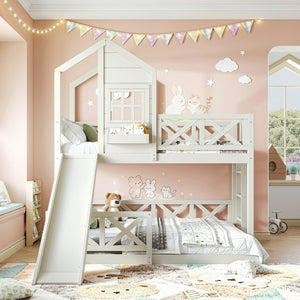 English Elm Twin Over Full Playhouse Bunk Bed Pine Wood Frame with Slide and Cottage Guardrail Beige W5316S00078