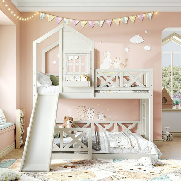 English Elm Twin Over Full Playhouse Bunk Bed Pine Wood Frame with Slide and Cottage Guardrail Beige W5316S00078