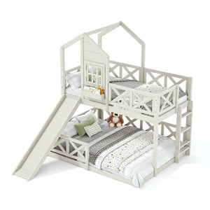 English Elm Twin Over Full Playhouse Bunk Bed Pine Wood Frame with Slide and Cottage Guardrail Beige W5316S00078