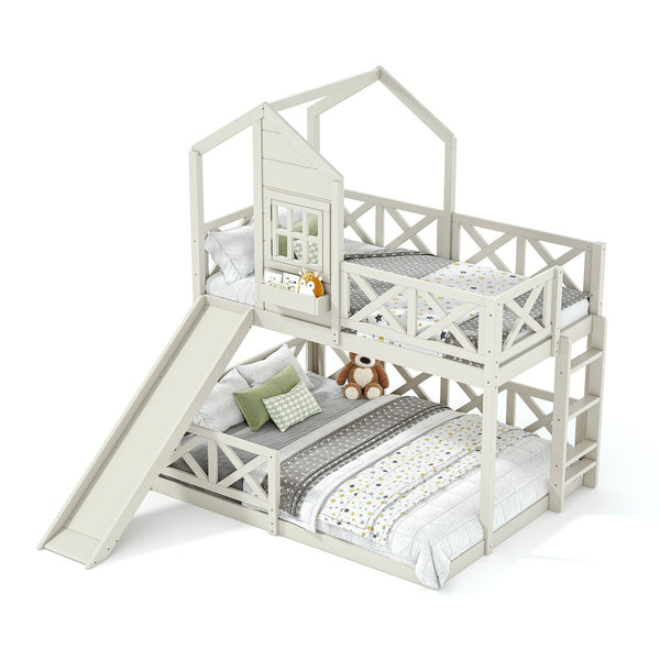 English Elm Twin Over Full Playhouse Bunk Bed Pine Wood Frame with Slide and Cottage Guardrail Beige W5316S00078