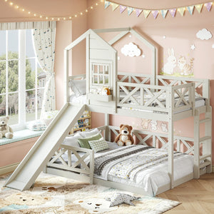 English Elm Twin Over Full Playhouse Bunk Bed Pine Wood Frame with Slide and Cottage Guardrail Beige W5316S00078