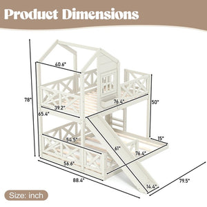 English Elm Twin Over Full Playhouse Bunk Bed Pine Wood Frame with Slide and Cottage Guardrail Beige W5316S00078