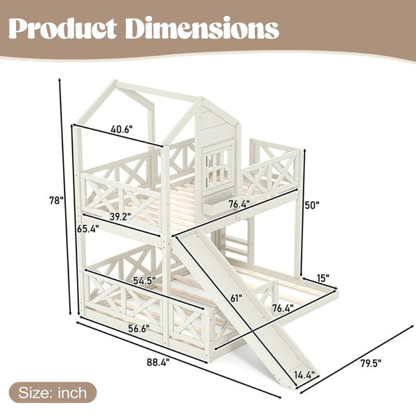 English Elm Twin Over Full Playhouse Bunk Bed Pine Wood Frame with Slide and Cottage Guardrail Beige W5316S00078
