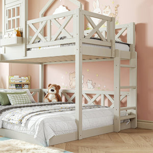 English Elm Twin Over Full Playhouse Bunk Bed Pine Wood Frame with Slide and Cottage Guardrail Beige W5316S00078