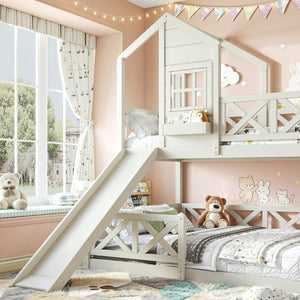 English Elm Twin Over Full Playhouse Bunk Bed Pine Wood Frame with Slide and Cottage Guardrail Beige W5316S00078