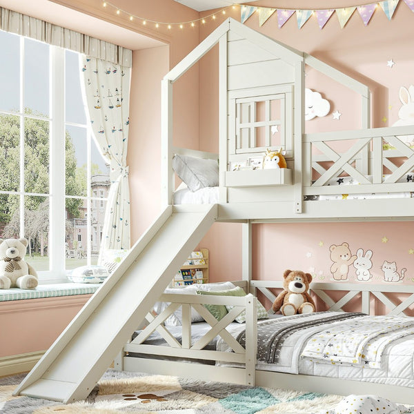 English Elm Twin Over Full Playhouse Bunk Bed Pine Wood Frame with Slide and Cottage Guardrail Beige W5316S00078