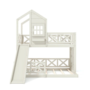 English Elm Twin Over Full Playhouse Bunk Bed Pine Wood Frame with Slide and Cottage Guardrail Beige W5316S00078