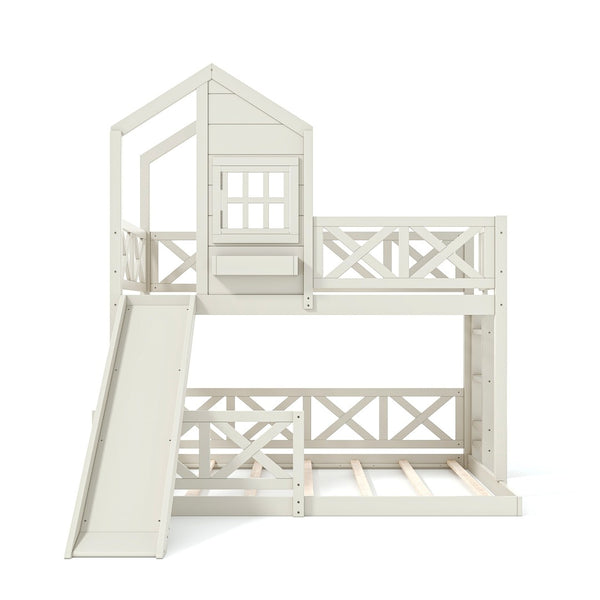 English Elm Twin Over Full Playhouse Bunk Bed Pine Wood Frame with Slide and Cottage Guardrail Beige W5316S00078