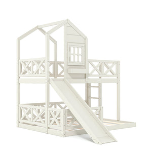 English Elm Twin Over Full Playhouse Bunk Bed Pine Wood Frame with Slide and Cottage Guardrail Beige W5316S00078