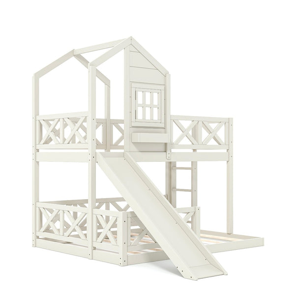 English Elm Twin Over Full Playhouse Bunk Bed Pine Wood Frame with Slide and Cottage Guardrail Beige W5316S00078