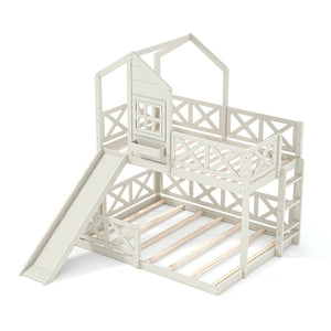 English Elm Twin Over Full Playhouse Bunk Bed Pine Wood Frame with Slide and Cottage Guardrail Beige W5316S00078