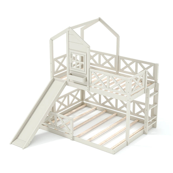 English Elm Twin Over Full Playhouse Bunk Bed Pine Wood Frame with Slide and Cottage Guardrail Beige W5316S00078