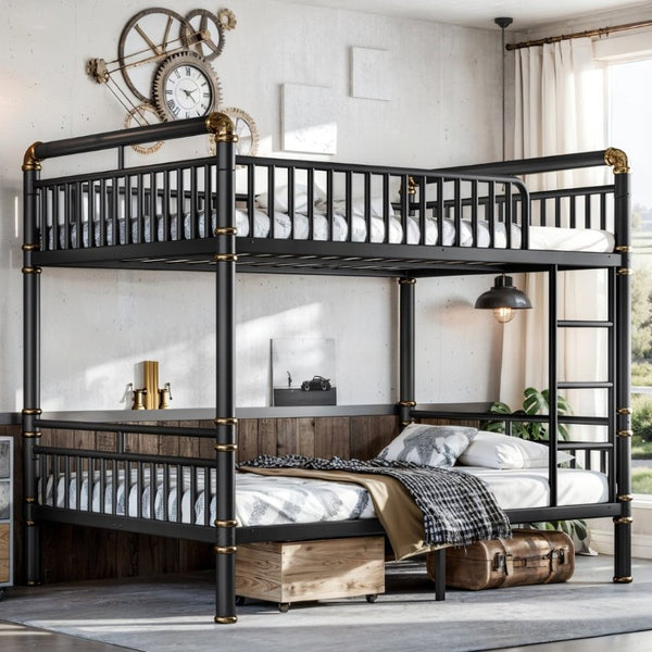 English Elm Full Over Bunk Bed Round Pipe Steel Frame Industrial Matte Black for Adults and Teens W5316S00079