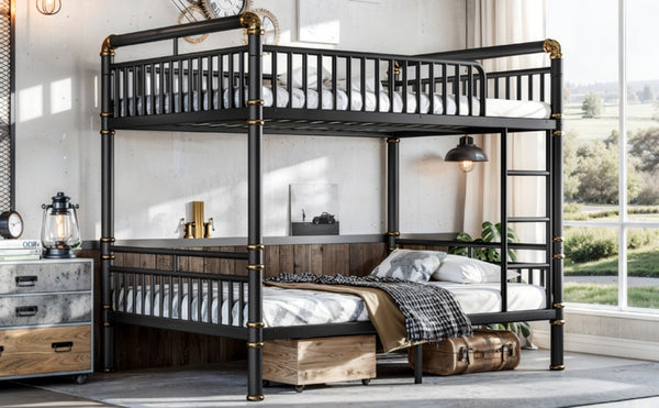 English Elm Full Over Bunk Bed Round Pipe Steel Frame Industrial Matte Black for Adults and Teens W5316S00079