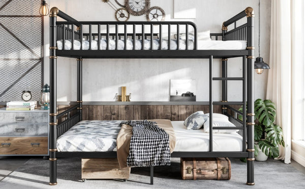 English Elm Full Over Bunk Bed Round Pipe Steel Frame Industrial Matte Black for Adults and Teens W5316S00079