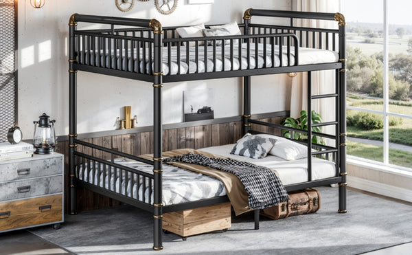 English Elm Full Over Bunk Bed Round Pipe Steel Frame Industrial Matte Black for Adults and Teens W5316S00079