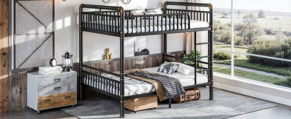 English Elm Full Over Bunk Bed Round Pipe Steel Frame Industrial Matte Black for Adults and Teens W5316S00079