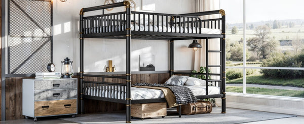 English Elm Full Over Bunk Bed Round Pipe Steel Frame Industrial Matte Black for Adults and Teens W5316S00079