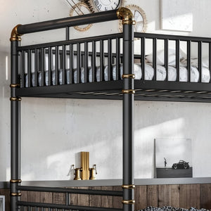 English Elm Full Over Bunk Bed Round Pipe Steel Frame Industrial Matte Black for Adults and Teens W5316S00079