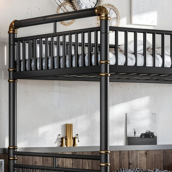 English Elm Full Over Bunk Bed Round Pipe Steel Frame Industrial Matte Black for Adults and Teens W5316S00079