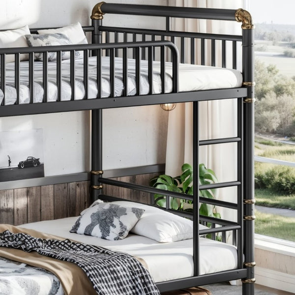 English Elm Full Over Bunk Bed Round Pipe Steel Frame Industrial Matte Black for Adults and Teens W5316S00079