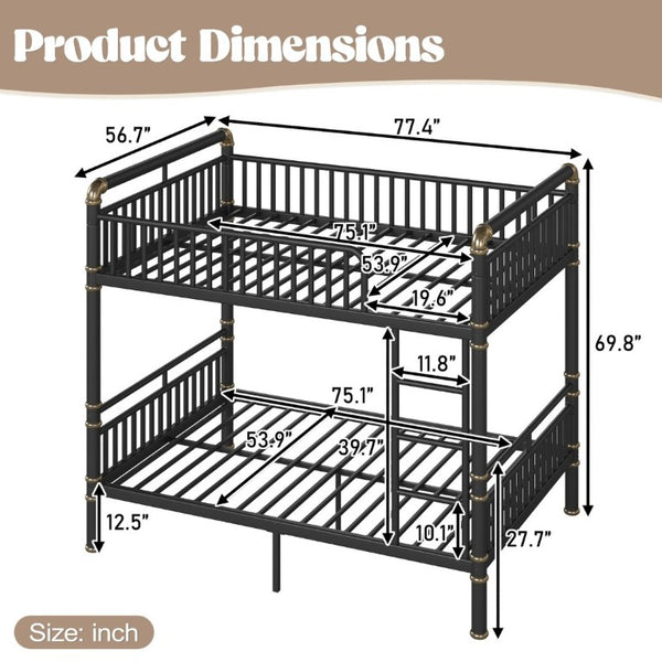 English Elm Full Over Bunk Bed Round Pipe Steel Frame Industrial Matte Black for Adults and Teens W5316S00079