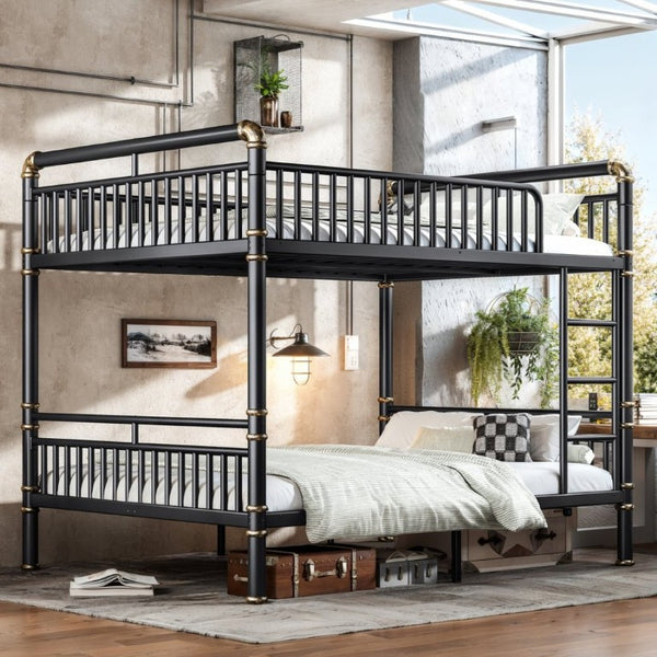 English Elm Queen Over Bunk Bed Heavy Duty Steel Frame Industrial Style with Gold Accents Adults W5316S00080