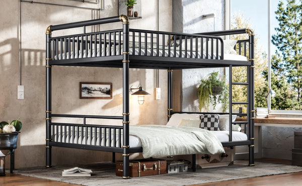 English Elm Queen Over Bunk Bed Heavy Duty Steel Frame Industrial Style with Gold Accents Adults W5316S00080