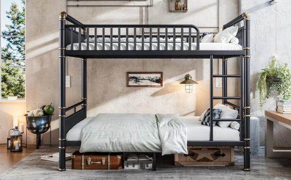 English Elm Queen Over Bunk Bed Heavy Duty Steel Frame Industrial Style with Gold Accents Adults W5316S00080