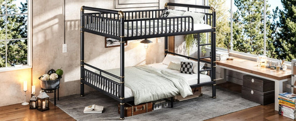 English Elm Queen Over Bunk Bed Heavy Duty Steel Frame Industrial Style with Gold Accents Adults W5316S00080