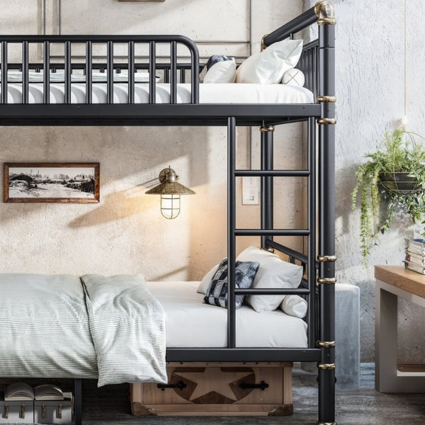 English Elm Queen Over Bunk Bed Heavy Duty Steel Frame Industrial Style with Gold Accents Adults W5316S00080