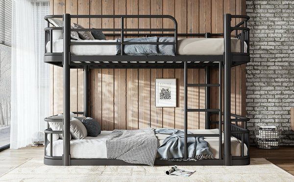 English Elm Full Over Bunk Bed Round Pipe Metal Frame with Guardrails for Teens and Adults Black W5316S00081